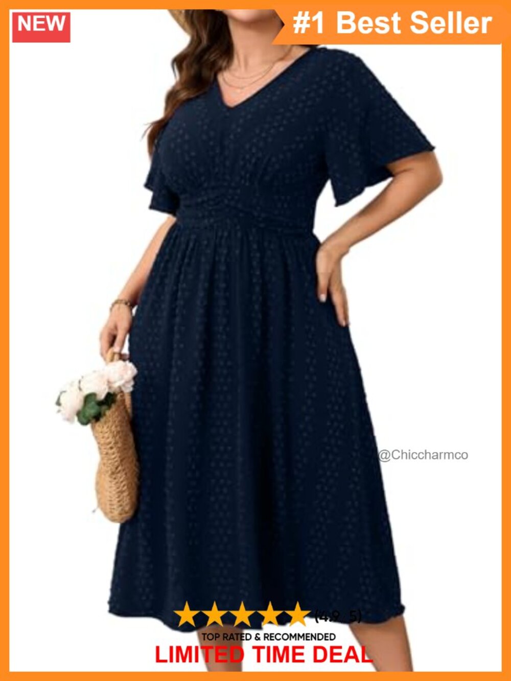 RWJ Plus Size Swiss Dot Maxi Dress V Neck Short Sleeve A-Line Swing